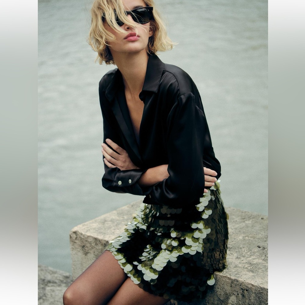 Zara Black and Green Sequin Skirt